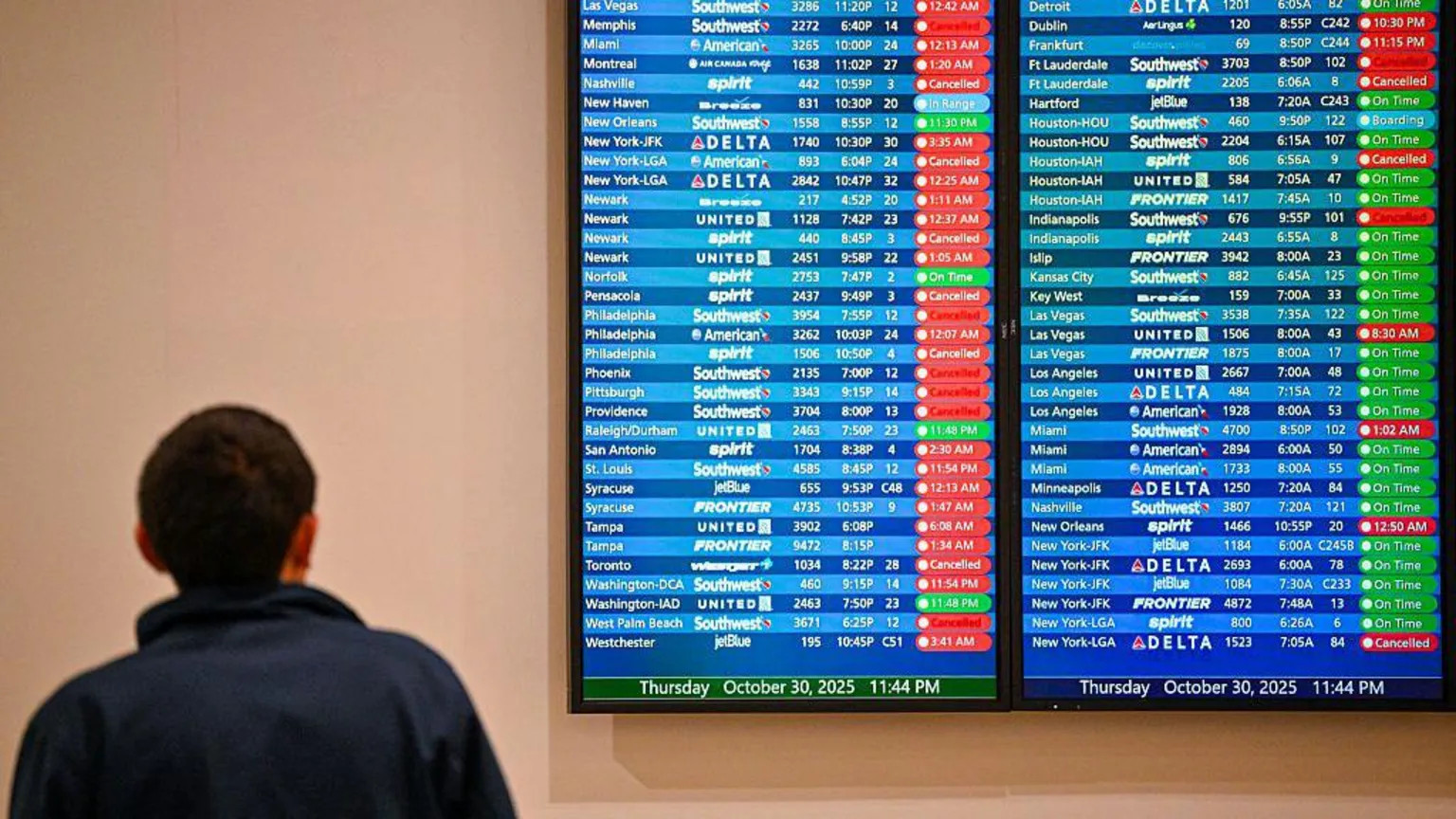 US flight delays surge as unpaid air traffic controllers call in sick