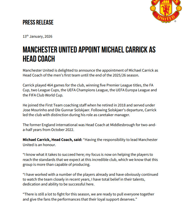 Michael Carrick’s staff picks at Manchester United draw measured praise